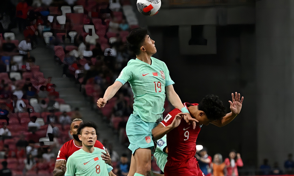 Chinese national team member Liu Yang at the game against Singapore on Thursday Photo: Xinhua/