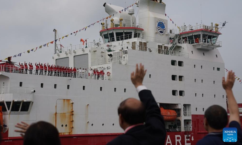 China's polar icebreaker Xuelong 2, or Snow Dragon 2, enters the Ocean Terminal in Tsim Sha Tsui, Hong Kong, south China, April 8, 2024. China's first domestically made polar icebreaker Xuelong 2, or Snow Dragon 2, arrived in Hong Kong for the very first time on Monday for a five-day visit. (Xinhua/Lui Siu Wai)