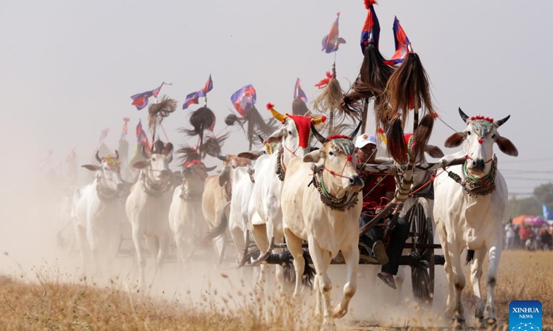 Contestants race their ox carts in Kampong Speu province, Cambodia, on April 7, 2024. At dawn on Sunday, Cambodian villagers gathered to race their ox carts across a field, reviving centuries-old tradition in the Southeast Asian nation. (Photo by Phearum/Xinhua)