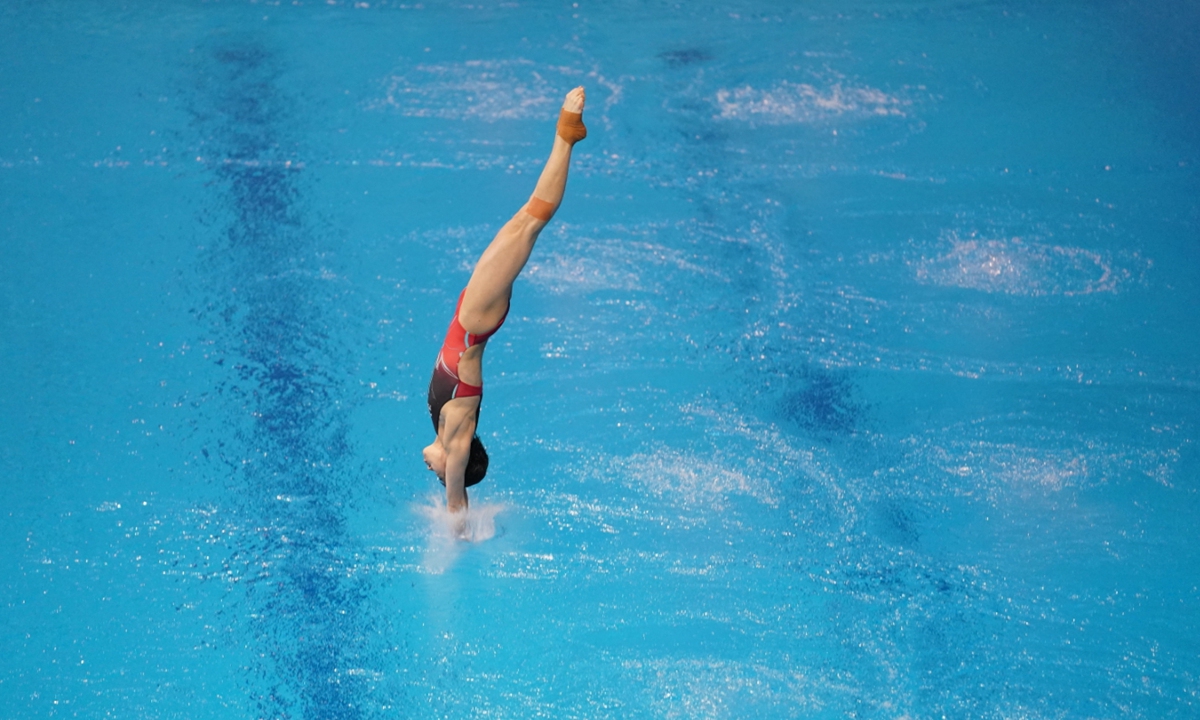 Chinese diver Quan Hongchan competes in the women's 10-meter platform final during the World Aquatics Diving World Cup in Berlin, Germany, on March 24, 2024. The Olympic champion won gold with 432.80 points, 93.70 points ahead of runner-up Andrea Spendolini Sirieix of Great Britain. Photo: VCG