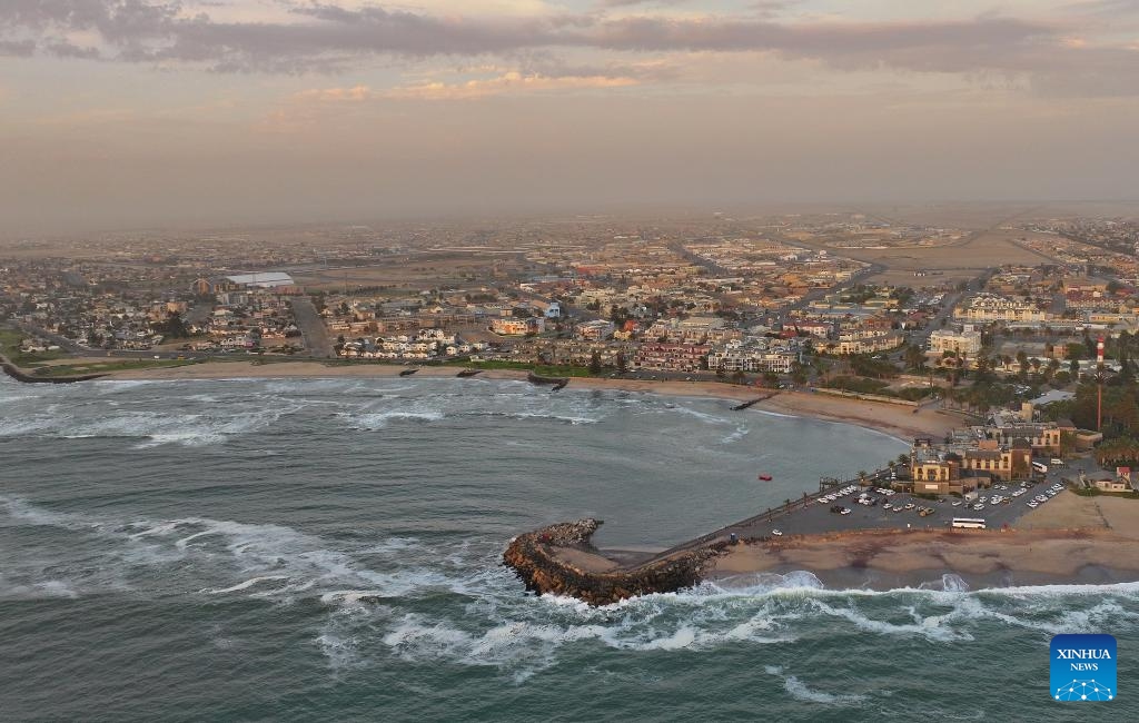 An aerial drone photo taken on March 25, 2024 shows a view in Swakopmund, Namibia. Surrounded by sand on three sides, the coastal city of Swakopmund in western Namibia features a mild and moist climate, making it a preferred leisure destination for locals and tourists.(Photo: Xinhua)