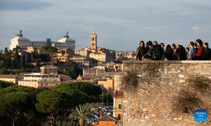 Tourists visit the Terrazza Belvedere Aventino in Rome, Italy, March 22, 2024.(Photo: Xinhua)