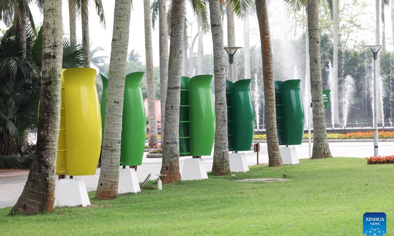 This photo taken on March 26, 2024 shows wind energy collectors in the Boao near-zero carbon demonstration zone in Boao, south China's Hainan Province. The Boao near-zero carbon demonstration zone was put into operation before Boao Forum for Asia (BFA) Annual Conference 2024. At present, the demonstration zone has completed a total of 18 projects in 8 categories and entered the near-zero carbon stage.(Photo: Xinhua)