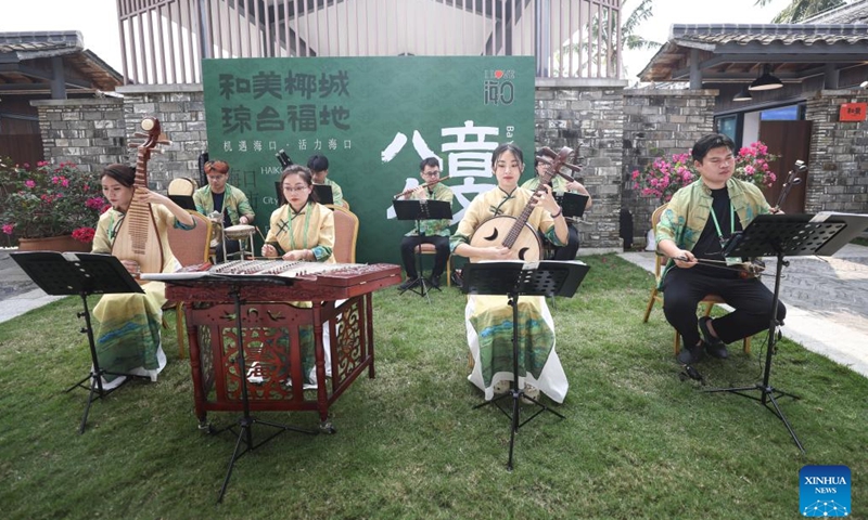 Artists give Bayin (Eight Sounds) performance at Dongyu Island in Boao, south China's Hainan Province, March 26, 2024. An exhibition featuring the city of Haikou is held during the Boao Forum for Asia (BFA) Annual Conference 2024 at Dongyu Island where visitors and guests could enjoy the rich intangible cultural heritages of Hainan at close range(Photo: Xinhua)