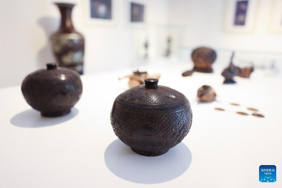 Sculptures made of coconut shells are on display at Dongyu Island in Boao, south China's Hainan Province, March 26, 2024. An exhibition featuring the city of Haikou is held during the Boao Forum for Asia (BFA) Annual Conference 2024 at Dongyu Island where visitors and guests could enjoy the rich intangible cultural heritages of Hainan at close range.(Photo: Xinhua)