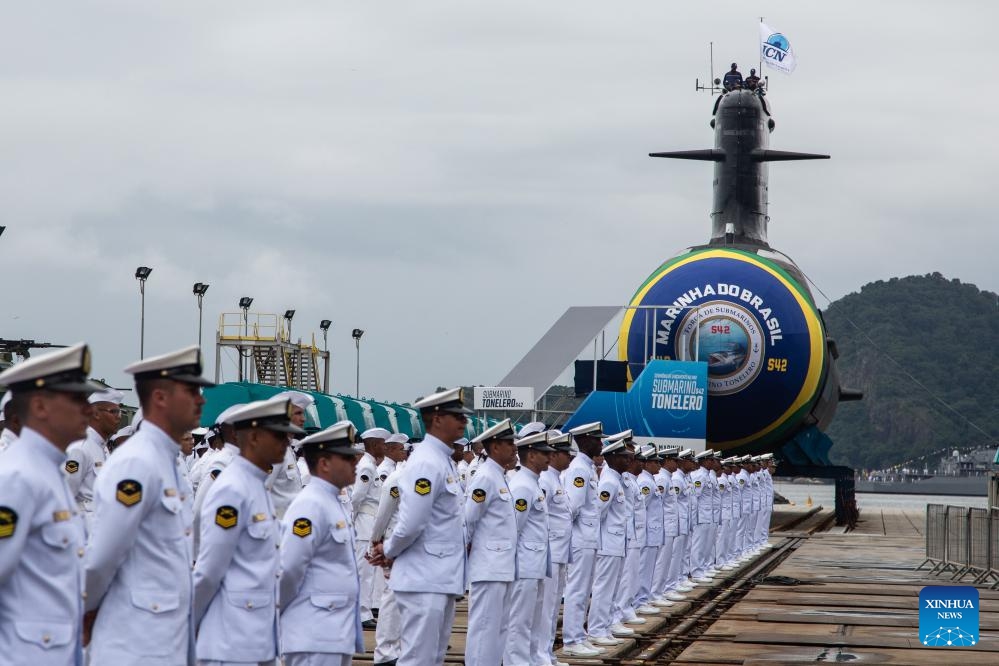 The Tonelero submarine, the third one Brazil has built through a partnership with France under the Submarine Development Program (ProSub), is seen at the Itaguai Naval Complex, in the state of Rio de Janeiro, Brazil, on March 27, 2024.(Photo: Xinhua)
