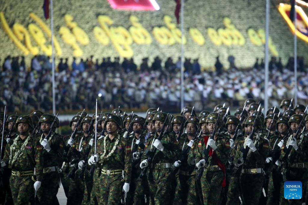 Soldiers march during a military parade to mark the 79th Armed Forces Day in Nay Pyi Taw, Myanmar, March 27, 2024.(Photo: Xinhua)