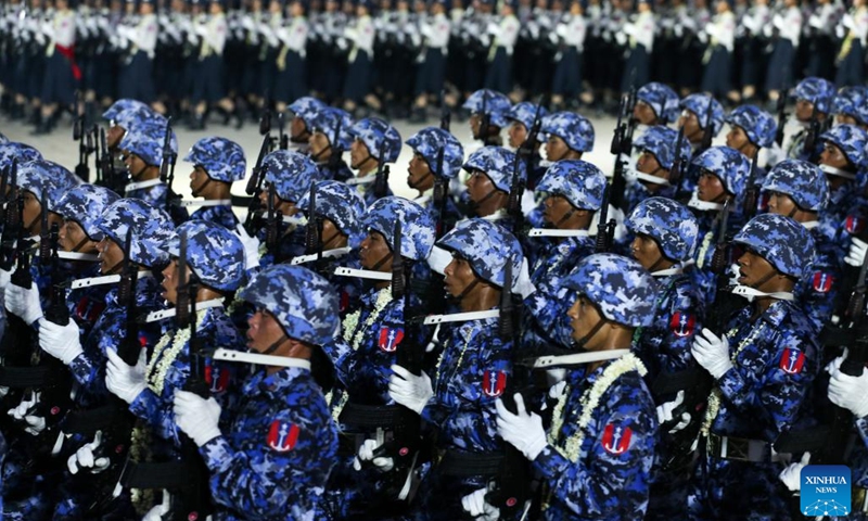 Soldiers march during a military parade to mark the 79th Armed Forces Day in Nay Pyi Taw, Myanmar, March 27, 2024.(Photo: Xinhua)