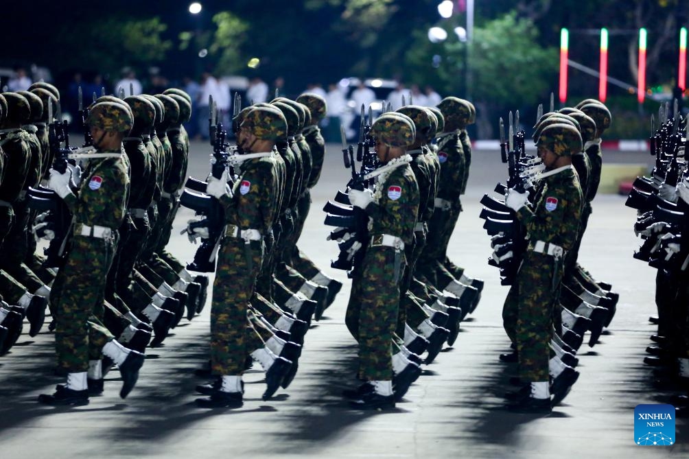 Soldiers march during a military parade to mark the 79th Armed Forces Day in Nay Pyi Taw, Myanmar, March 27, 2024.(Photo: Xinhua)