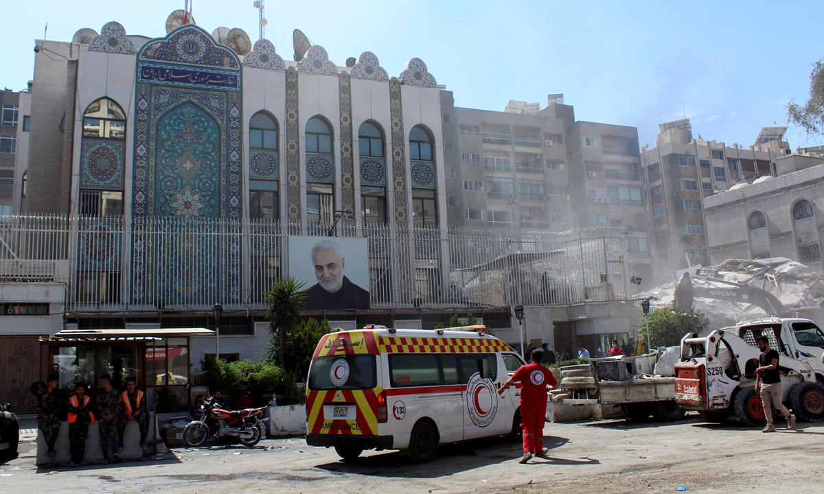An ambulance is parked outside the Iranian embassy after a suspected Israeli strike on April 1 on Iran's consulate building, adjacent to the main Iranian embassy building, which Iran said had killed seven military personnel including two key figures in the Quds Force, in Damascus, Syria April 2, 2024. Photo: IC