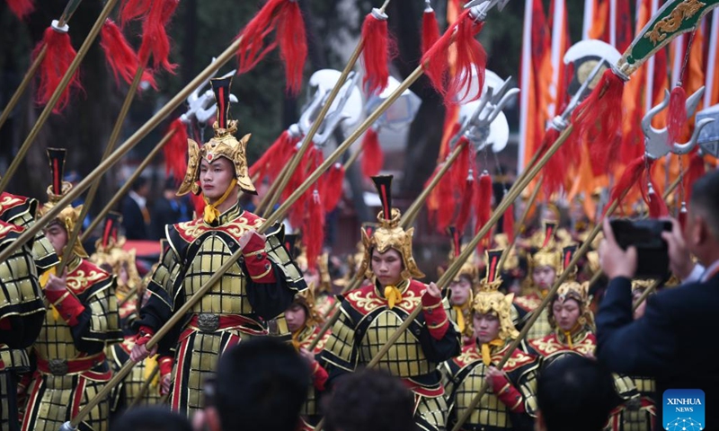 Actors attend a ceremony paying homage to Huangdi, or the Yellow Emperor, in Huangling County, northwest China's Shaanxi Province, April 4, 2024.