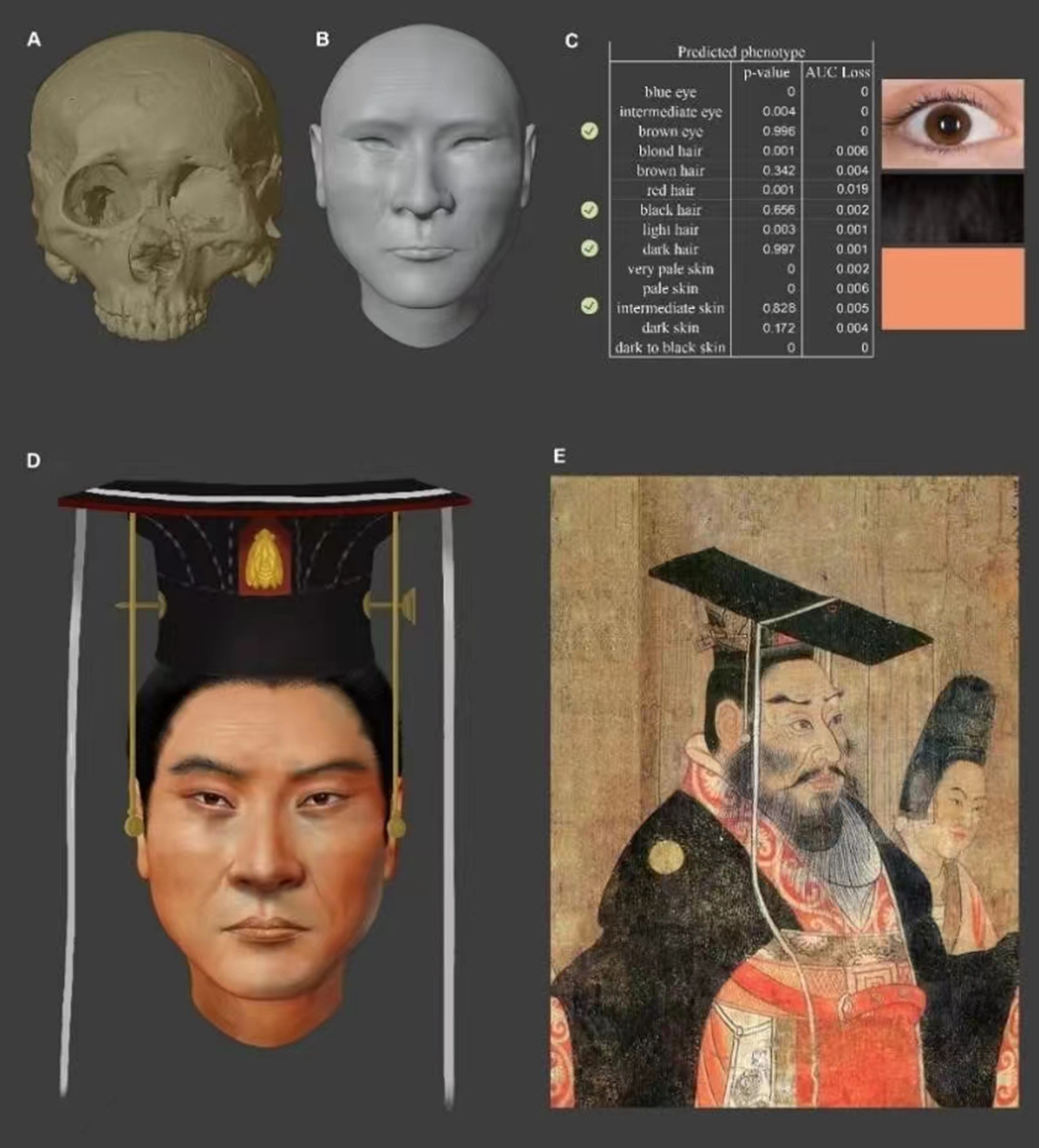 The computer-reconstructed image of Emperor Wu (lower left). Photo: Courtesy of Wen Shaoqing