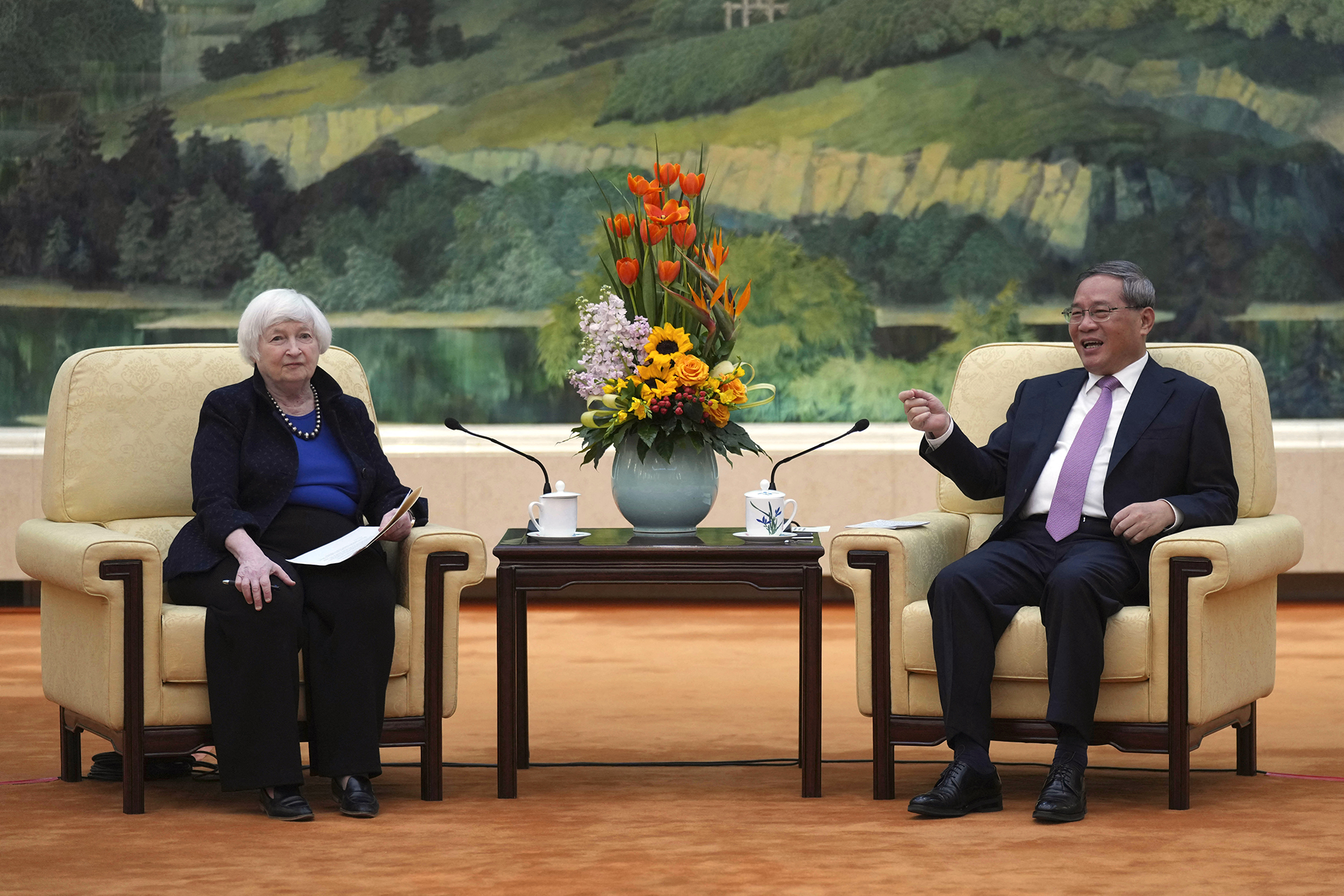 Chinese Premier Li Qiang (right) meets with US Treasury Secretary Janet Yellen at the Great Hall of the People in Beijing on April 7, 2024. Photo: AFP