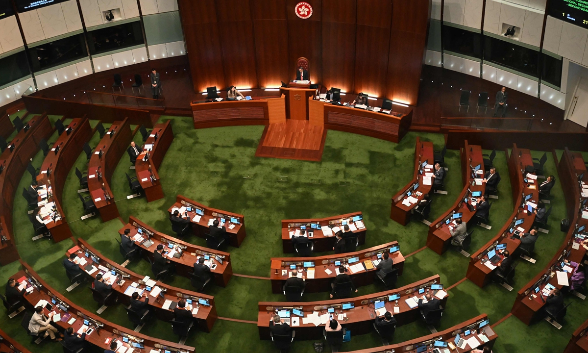 A view of the Legislative Council chamber as the 2nd reading of the Article 23 security law continues, in Hong Kong, on March 19, 2024. Photo: VCG