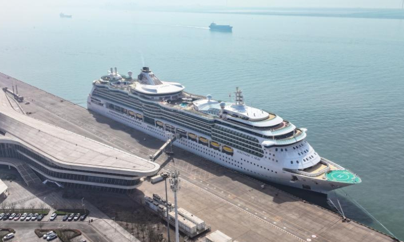 An aerial drone photo taken on April 7, 2024 shows cruise ship Serenade of the Seas docking at Tianjin International Cruise Home Port in north China's Tianjin Municipality. Cruise ship Serenade of the Seas docked at Tianjin International Cruise Home Port in north China's port city of Tianjin on Sunday morning, with over 1,800 tourists from 50 countries and regions aboard.

The ship will dock at Tianjin for two days and one night, carrying over 800 crew members and over 1,800 tourists. Most of the tourists will go sightseeing in the cities of Beijing and Tianjin.

Tianjin International Cruise Home Port has welcomed 22 cruise ships and seen 68,000 tourist visits so far this year, according to Dong Zichen, deputy general manager of Tianjin International Cruise Home Port Co., Ltd. (Xinhua/Sun Fanyue)