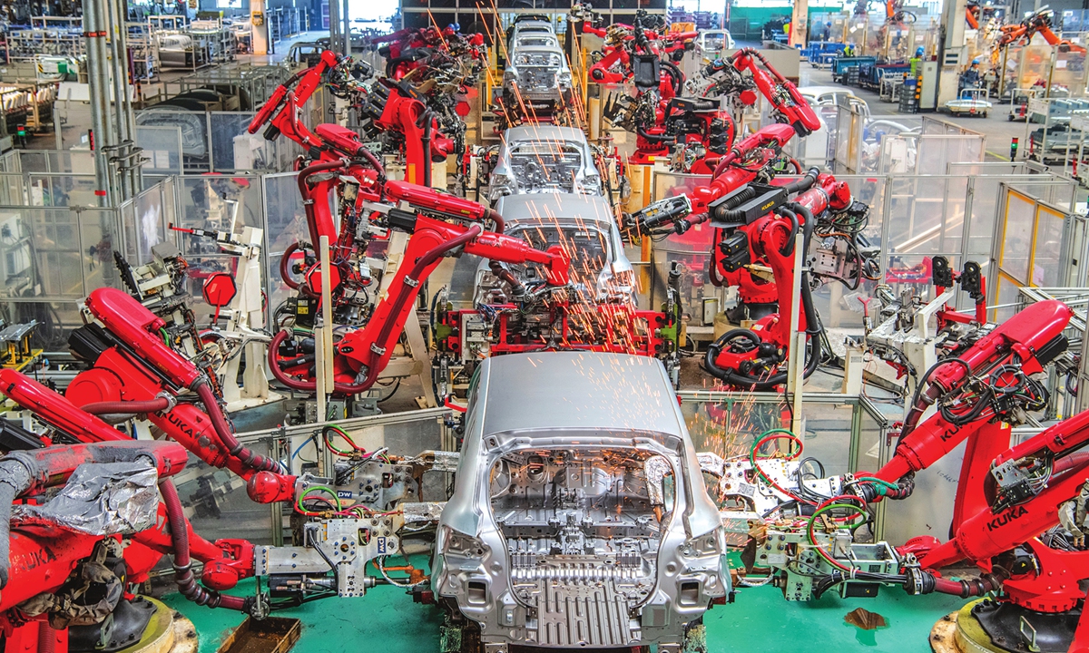 An automated production line runs in a new energy vehicle intelligent factory in Jinhua, East China's Zhejiang province, on April 1, 2024.Photo: VCG