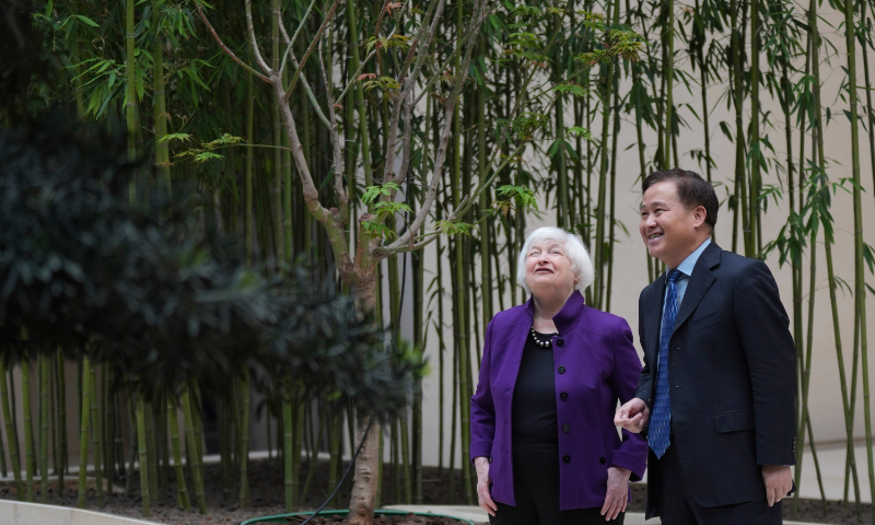 Governor of the People's Bank of China (PBC) Pan Gongsheng (right) talks with US Treasury Secretary Janet Yellen as they meet at the PBC headquarters in Beijing on April 8, 2024. Photo: VCG