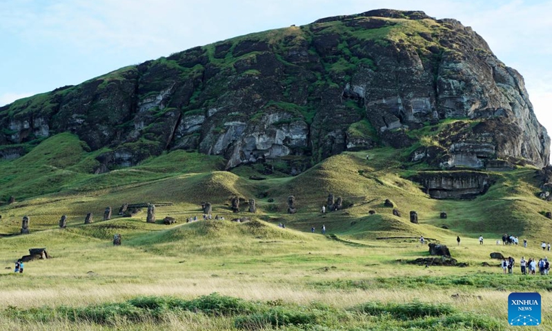 This photo taken on April 5, 2024 shows Moai stone statues on Easter island of Chile. Easter Island, known for its giant stone-carved heads facing out to sea, is located at the southernmost point of the Polynesian Triangle in the South Pacific, and is considered one of the world's remotest inhabited regions.(Photo: Xinhua)