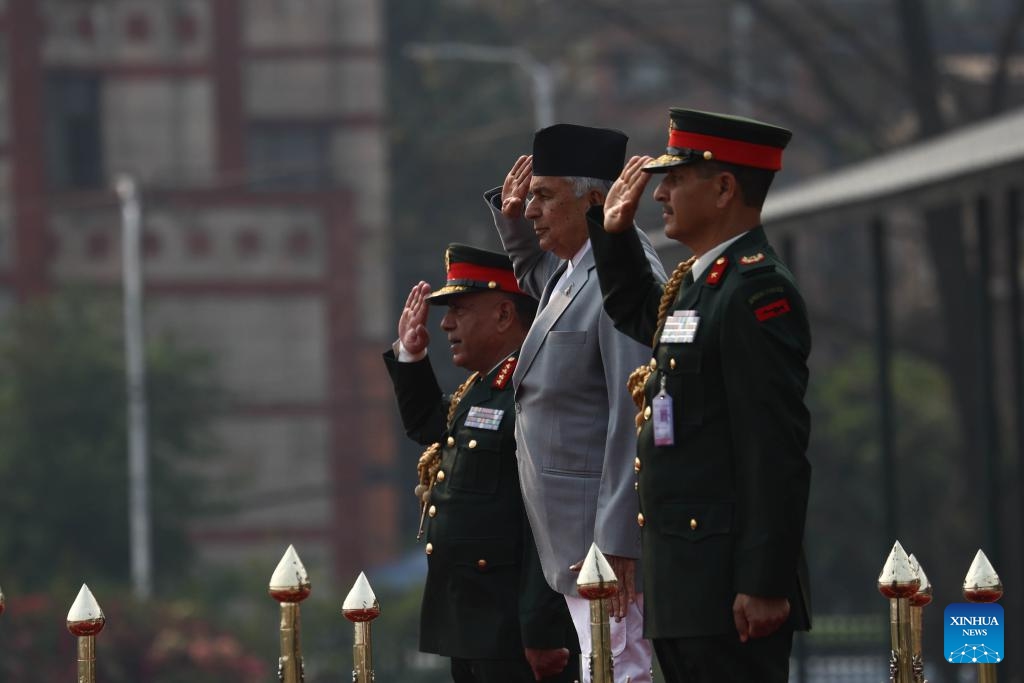 Nepal's President Ram Chandra Poudel participates in the celebration of Ghode Jatra in Kathmandu, Nepal, April 8, 2024. The Nepal Army organized horse racing, acrobatics performance and other activities to mark the traditional Ghode Jatra, or horse racing festival, on Monday.(Photo: Xinhua)