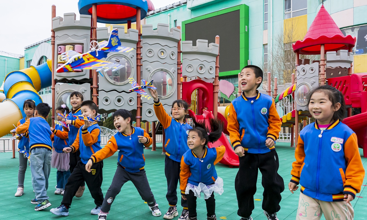 Children launch handmade airplanes at a kindergarten in Zhangjiakou, North China's Hebei Province, on April 10, 2024, in celebration of the upcoming International Day of Human Space Flight. Through activities such as watching space videos and discussing space models, the children gained a deeper understanding of the remarkable accomplishments in human space exploration, encouraging them to develop a passion for science and curiosity about the universe. Photo: VCG
