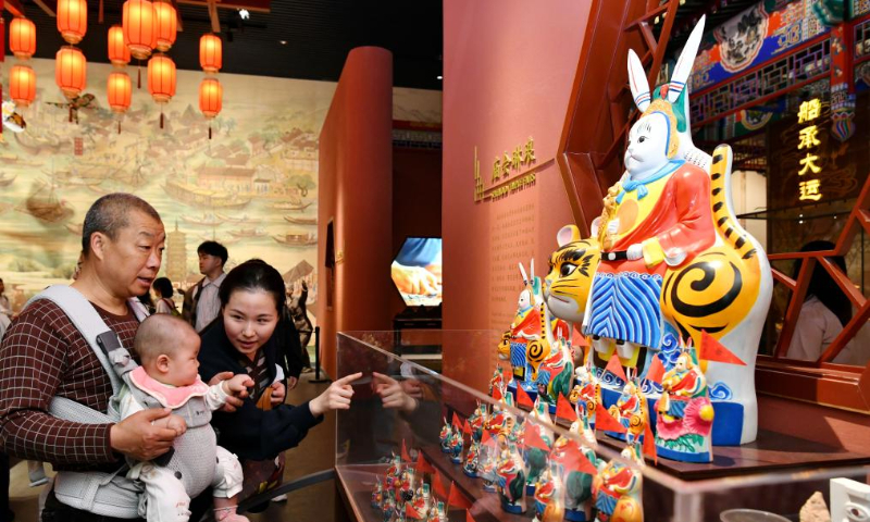 Tourists visit an exhibition hall on intangible cultural heritage alongside China's Grand Canal, in Cangzhou, north China's Hebei Province, April 19, 2024. (Xinhua/Yang Shiyao)