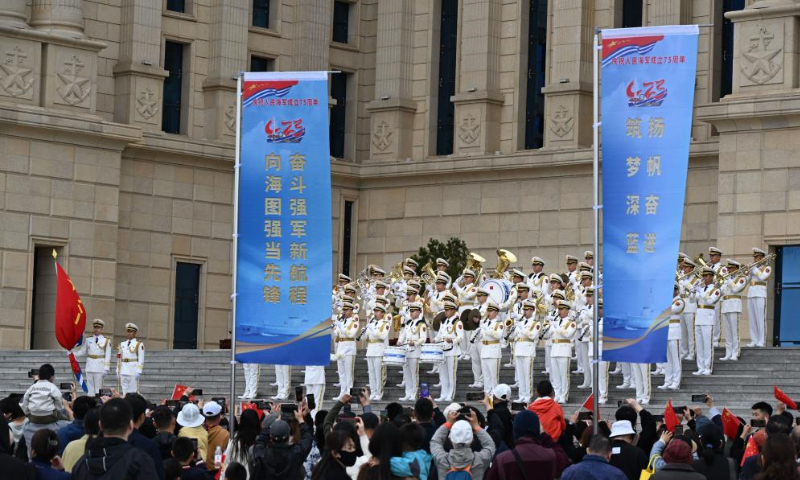 A military band performs at the Chinese People's Liberation Army (PLA) Navy Museum to celebrate the 75th founding anniversary of the Chinese PLA Navy in Qingdao, east China's Shandong Province, April 20, 2024. (Xinhua/Li Ziheng)
