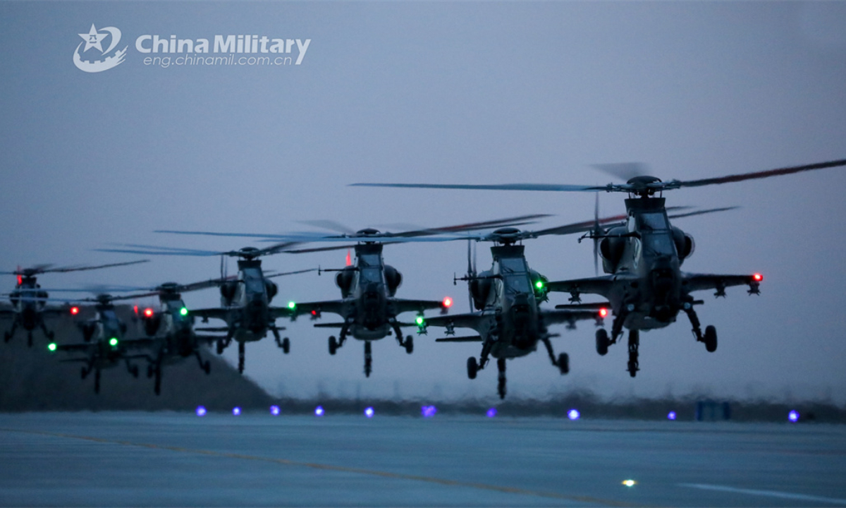 Helicopters attached to a brigade under the PLA 76th Group Army lift off at night during a 24-hour flight training exercise on April 6, 2024. (eng.chinamil.com.cn/Photo by Wang Pengfei)