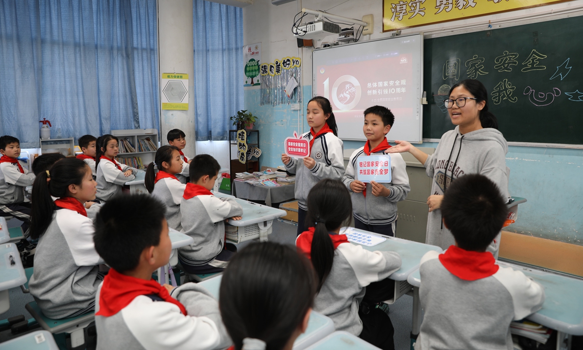 Students at a primary school in Jinhua, East China's Zhejiang Province, shared knowledge of national security on April 11, 2024. The class is organized ahead of China's 9th National Security Education Day, which falls on April 15, when schools across the country launch special activities to enhance students' awareness of safeguarding national security and promoting patriotism. Photo: VCG