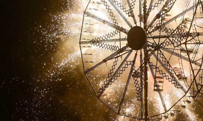 Fireworks explode during a pre-festival event of the Malta International Fireworks Festival in Floriana, Malta, April 13, 2024. (Photo by Jonathan Borg/Xinhua)