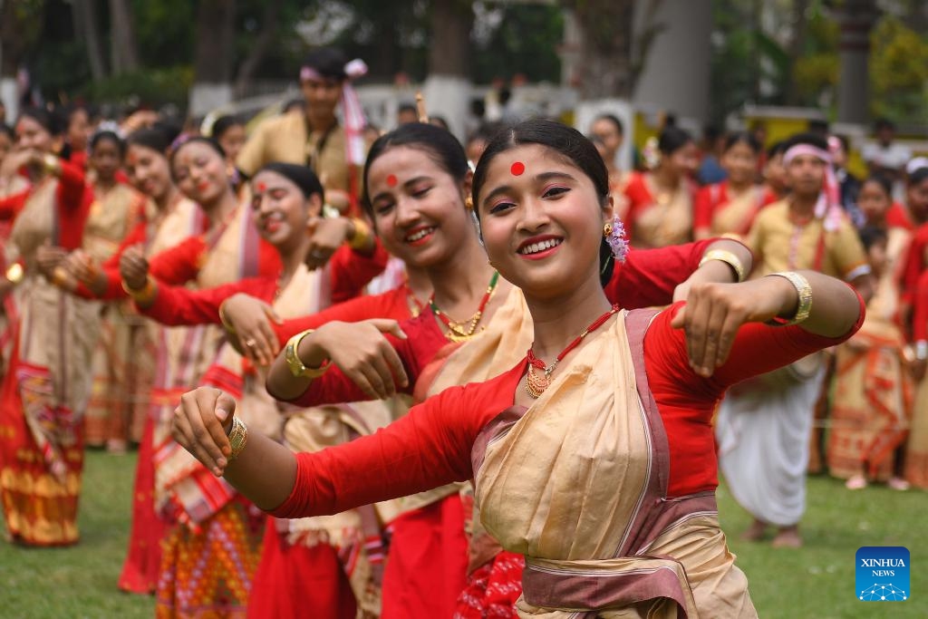 People perform folk dance during the celebration for the upcoming Rangoli Bihu Festival in Guwahati city of India's northeastern state of Assam, April 10, 2024.(Photo: Xinhua)