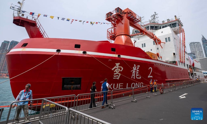 This photo taken on April 10, 2024 shows China's icebreaker Xuelong 2 in Hong Kong, south China. China's first domestically made icebreaker Xuelong 2 arrived in Hong Kong for a five-day visit, expecting to receive 8,500 visitors. Xuelong 2, which came to Hong Kong for the very first time, entered the Ocean Terminal in Tsim Sha Tsui on Monday morning after completing China's 40th Antarctic expedition.(Photo: Xinhua)
