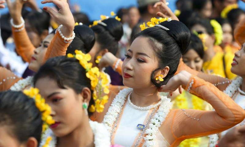 People perform during celebrations of the Thingyan water festival in Yangon, Myanmar, April 13, 2024. Myanmar's vibrant Thingyan water festival kicked off on Saturday, with celebrations taking place across the country. (Photo by Myo Kyaw Soe/Xinhua)