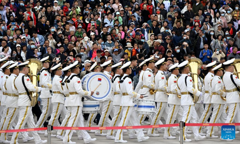 A military band performs at the Chinese People's Liberation Army (PLA) Navy Museum to celebrate the 75th founding anniversary of the Chinese PLA Navy in Qingdao, east China's Shandong Province, April 20, 2024. (Xinhua/Li Ziheng)