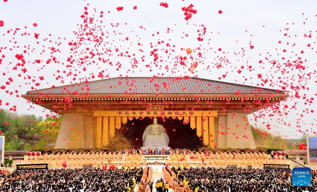 This photo taken on April 11, 2024 shows a view of a ceremony to worship the legendary ancestor Huangdi in Xinzheng City, central China's Henan Province. Approximately 5,000 Chinese people attended a grand ceremony on Thursday morning here to worship the legendary ancestor Huangdi, or the Yellow Emperor.(Photo: Xinhua)