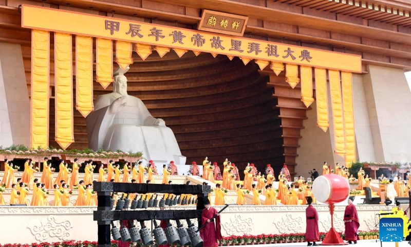 This photo taken on April 11, 2024 shows a view of a ceremony to worship the legendary ancestor Huangdi in Xinzheng City, central China's Henan Province. Approximately 5,000 Chinese people attended a grand ceremony on Thursday morning here to worship the legendary ancestor Huangdi, or the Yellow Emperor. March 3 on the Chinese lunar calendar, which fell on Thursday this year, is widely believed to be the birthday of Huangdi.(Photo: Xinhua)