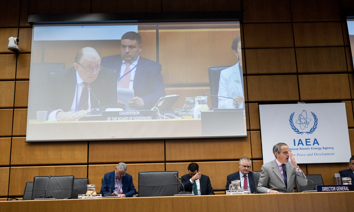 Rafael Grossi (R), Director General of the International Atomic Energy Agency (IAEA), attends the IAEA's Board of Governors' emergency meeting to discuss the attacks on the Zaporizhzhia nuclear power plant, at the agency's headquarters in Vienna, Austria on April 11, 2024. Photo: AFP