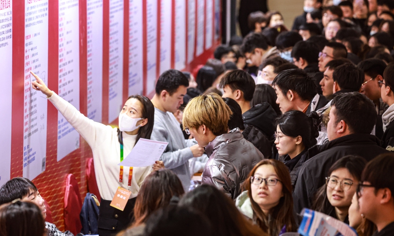 A recruiter explains job responsibilities to applicants at a recruitment fair in Shenyang, Northeast China's Liaoning Province, on February 28, 2024. The fair has gathered more than 2,000 enterprises, offering nearly 40,000 jobs. In order to boost employment, job fairs are being held nationwide. Photo: VCG
