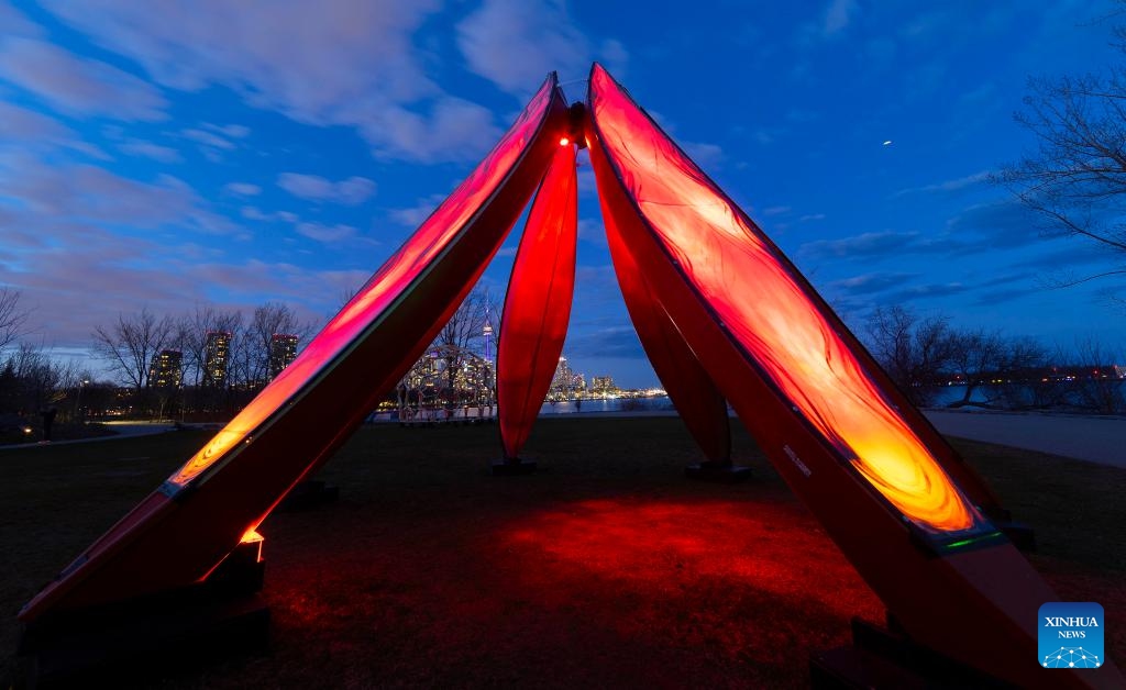 A light art installation is seen during the Lumiere: The Art of Light exhibition in Toronto, Canada, on April 15, 2024. Featuring 17 light installations created by local artists, the outdoor light-based art exhibition is held here from March 12 to April 20.(Photo: Xinhua)