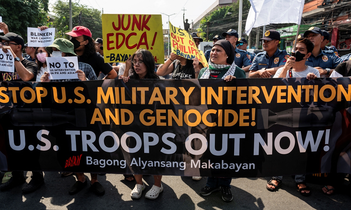 Filipino activists hold a protest against the visit of US Secretary of State Antony Blinken, in Manila, Philippines, on March 19, 2024. Photo: IC