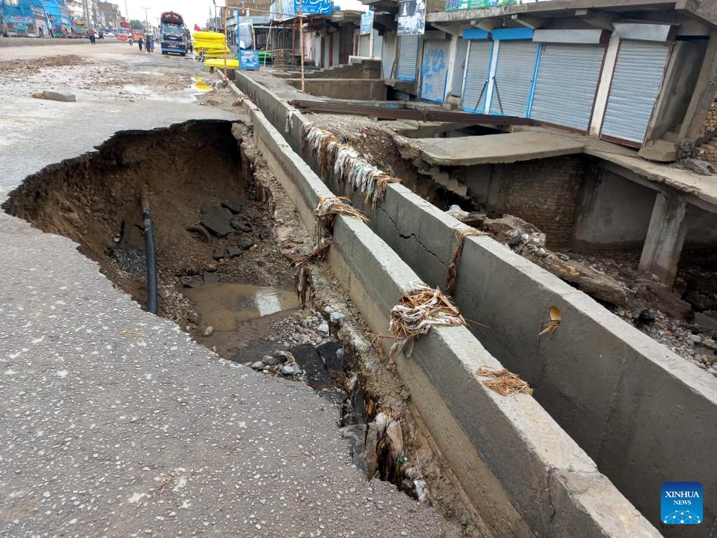 Photo taken with a mobile phone on April 17, 2024 shows a road damaged in a heavy rain in Balochistan province, Pakistan. Heavy rains and lightning caused havoc in different areas of Pakistan causing 71 deaths and injuries to 67 others since Saturday, an official told Xinhua Wednesday.(Photo: Xinhua)