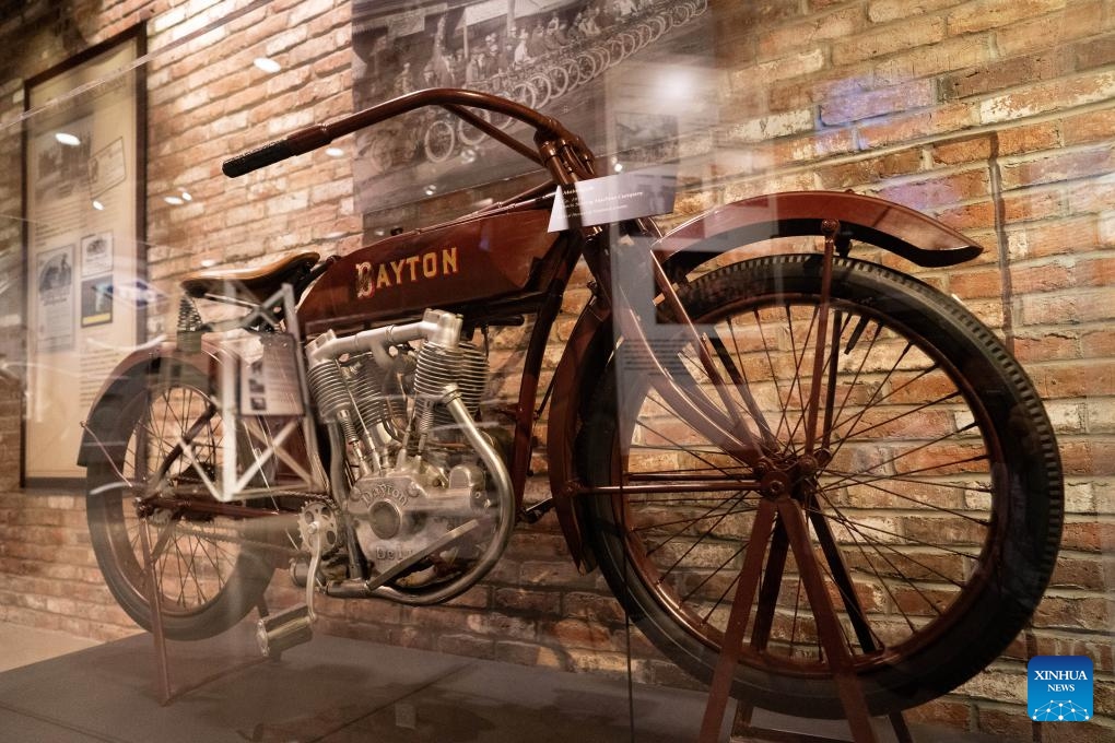 A motorcycle made in 1914 is displayed at the Carillon Historical Park in Dayton, Ohio, the United States, April 17, 2024.(Photo: Xinhua)