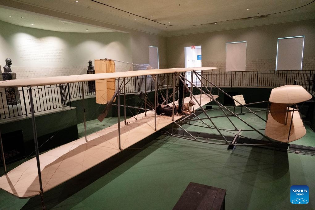The airplane designed by the Wright brothers is displayed at the Carillon Historical Park in Dayton, Ohio, the United States, April 17, 2024.(Photo: Xinhua)