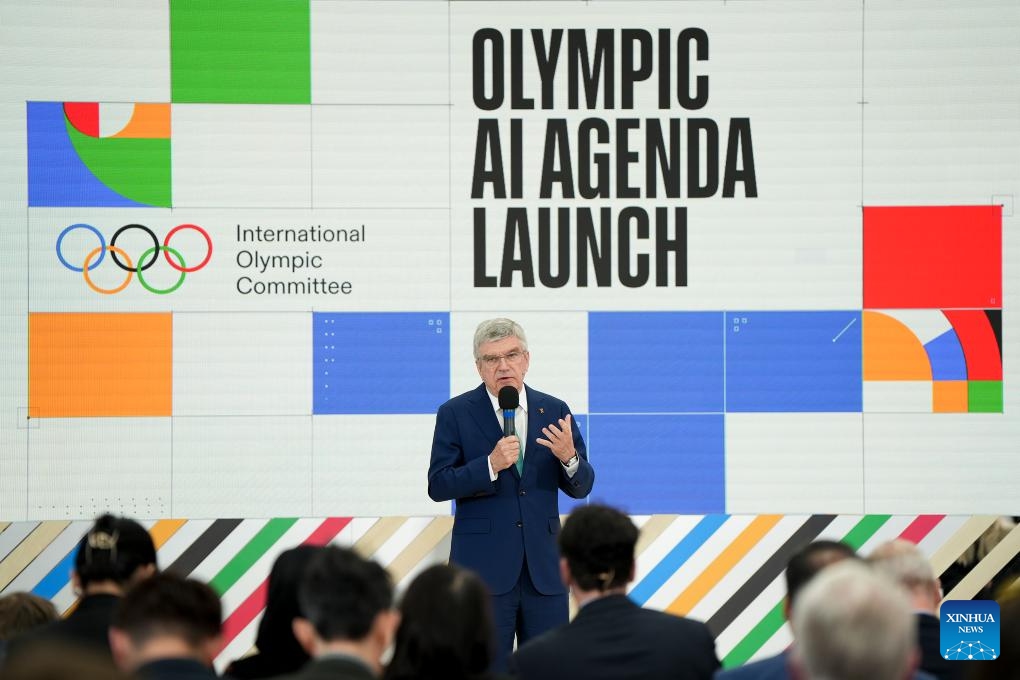 The International Olympic Committee president Thomas Bach speaks during a press conference on the launch of the Olympic AI Agenda in London, Britain, on April 19, 2024. The International Olympic Committee (IOC) launched the Olympic AI Agenda here on Friday, setting out the envisioned impact that Artificial Intelligence (AI) can deliver for sport and how the IOC intends to lead on the global implementation of AI within sport.(Photo: Xinhua)