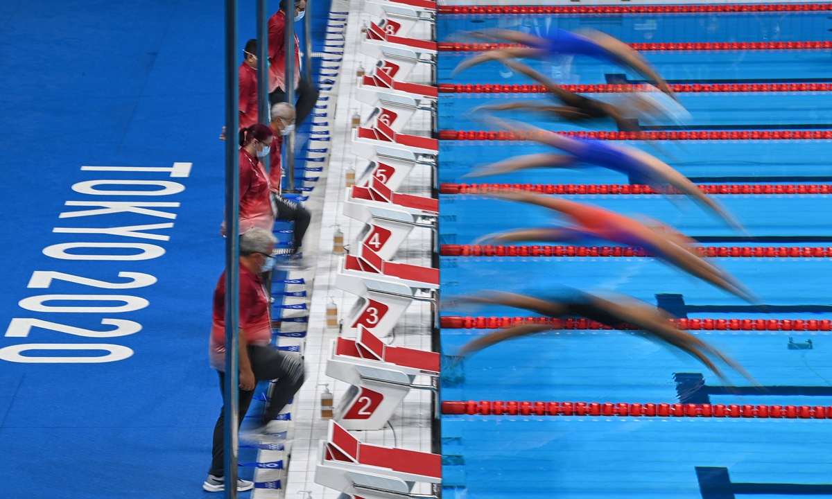 A swimming event during the Tokyo 2020 Olympic Games at the Tokyo Aquatics Centre in Tokyo on July 26, 2021 Photo: VCG