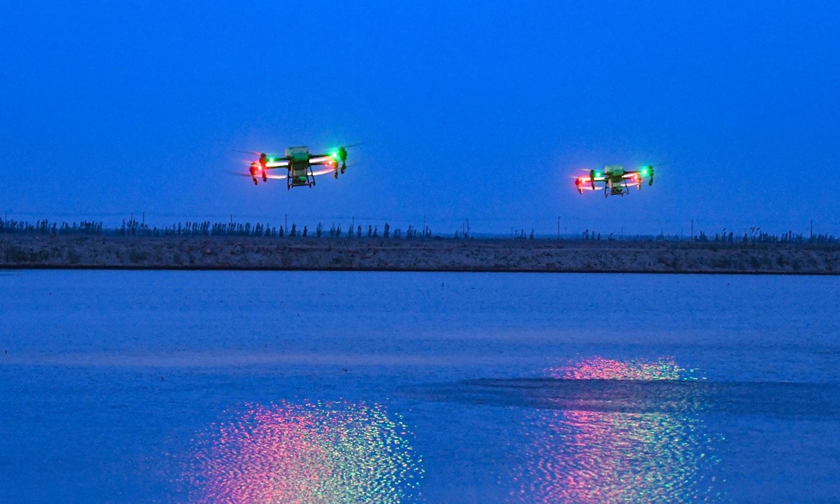 Drones plant rice in Liuyuan town of Aksu Prefecture, Xinjiang Uygur Autonomous Region on April 22, 2024. Photo: Zhou Peng of Xinjiang Daily