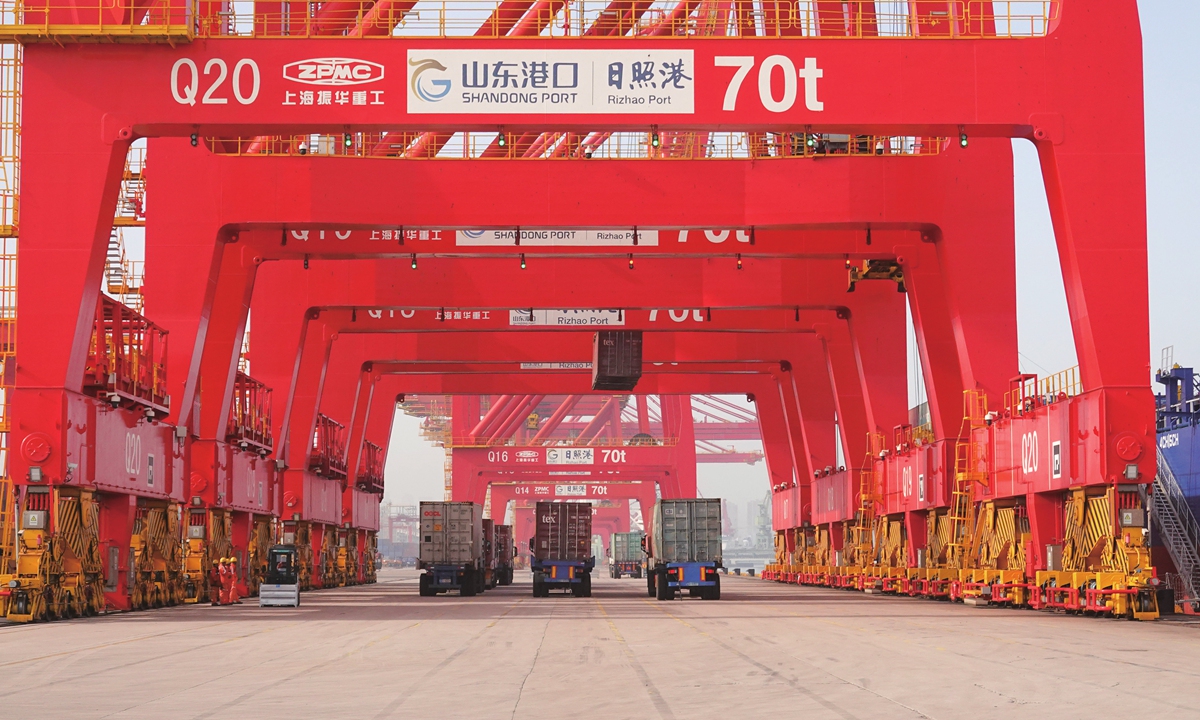 A snapshot of Rizhao Port, a major port for new-energy vehicle exports, in East China's Shandong Province Photo: VCG