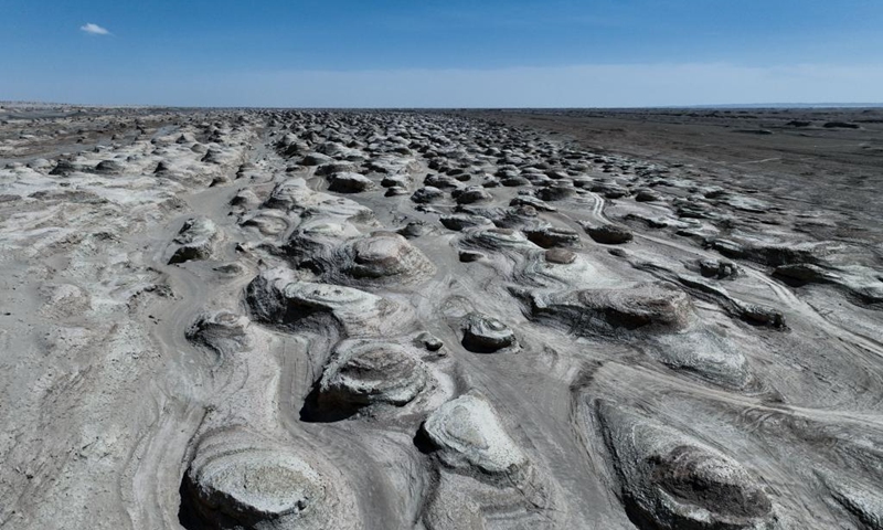 An aerial drone photo taken on April 21, 2024 shows yardang rocks in Lenghu Town in the Mongolian-Tibetan Autonomous Prefecture of Haixi, northwest China's Qinghai Province. The Qaidam Basin in northwest China is home to a unique landscape which consists of salt lakes, the Gobi desert and the wind-eroded rocks known as yardang. Photo: Xinhua