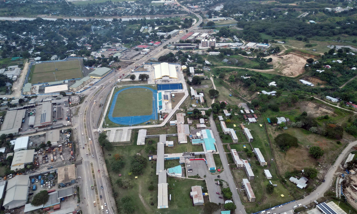 An aerial view of Honiara, capital of the Solomon Islands, showing the stadium built with Chinese aid in the center, which served as the venue for the Pacific Games in November 2023. Photo: VCG