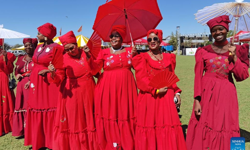 Damara women showcase embroidered traditional attires at the Stiriken Rokhoedi Culture Market in Windhoek, Namibia on April 20, 2024. 