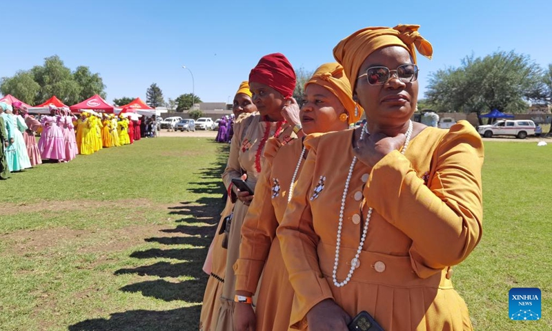 Damara women showcase embroidered traditional attires at the Stiriken Rokhoedi Culture Market in Windhoek, Namibia on April 20, 2024.
